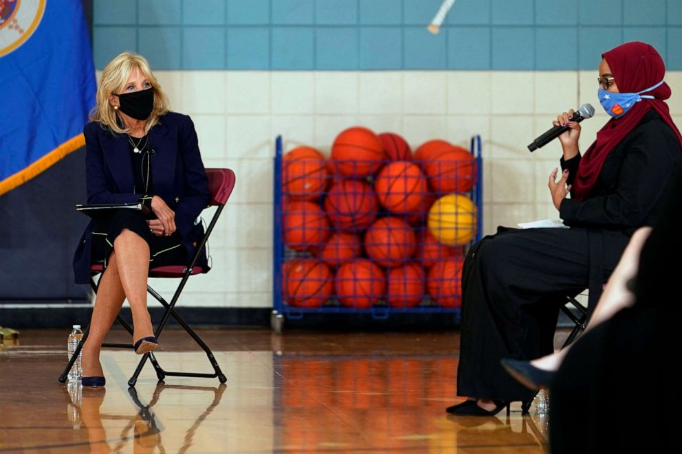 PHOTO: Jill Biden, wife of Democratic presidential candidate Joe Biden, listens to educators during a forum at Jeffers Pond Elementary School in Prior Lake, Minn., Sept. 9, 2020.