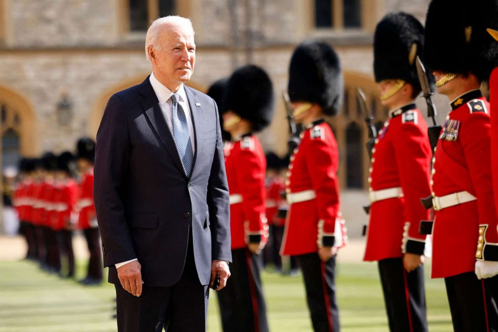 PHOTO: President Joe Biden inspects the Guard of Honour formed of The Queen's Company First Battalion Grenadier Guards at Windsor Castle near London, June 13, 2021.