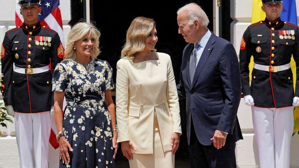 PHOTO: President Joe Biden and first lady Jill Biden welcome Ukrainian first lady Olena Zelenska at the White House in Washington, July 19, 2022.