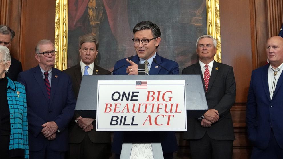 PHOTO: Speaker of the House Mike Johnson speaks to the media after the House narrowly passed a bill forwarding President Donald Trump's agenda at the Capitol, May 22, 2025, in Washington, D.C. 