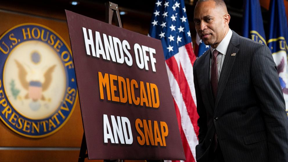 PHOTO: House Minority Leader Hakeem Jeffries, leaves the stage after the House Democrats' news conference on Medicaid and SNAP cuts proposed by the Republicans' reconciliation process at the Capitol, May 6, 2025. 
