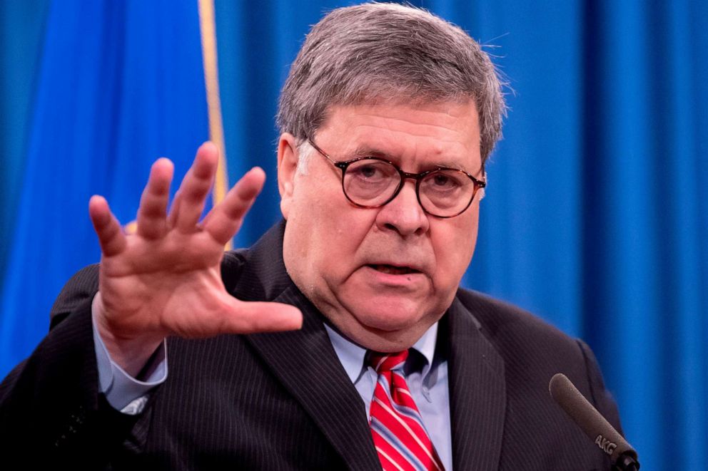 PHOTO: Attorney General William Barr speaks during a news conference at the US Department of Justice in Washington, DC., Dec. 21, 2020.