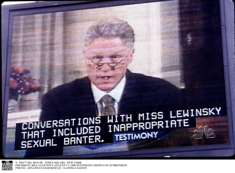 PHOTO: A TV monitor broadcasts President Bill Clinton's Grand Jury testimony on the Monica Lewinsky affair, New York City, Sept. 21, 1998. 