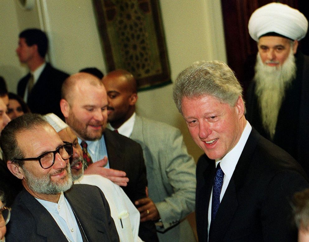 PHOTO: President Bill Clinton greets invited guests before making a statement on Jan. 10, 2000 to mark the conclusion of the holy month of Ramadan during ceremonies at the Eisenhower Executive Building in Washington.