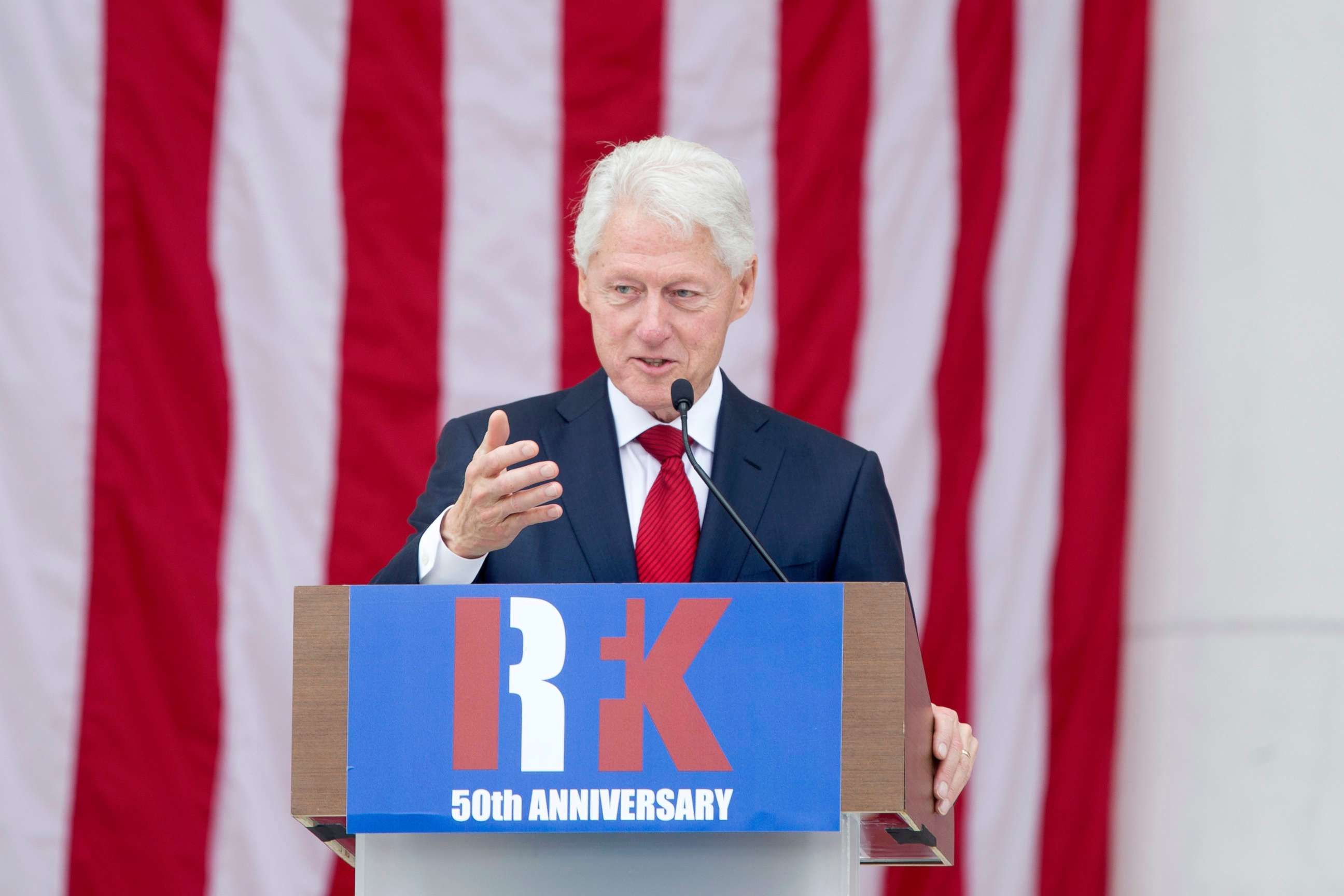 PHOTO: Former President Bill Clinton speaks during the Robert F. Kennedy memorial service at Arlington National Cemetery in Arlington, Virginia, June 6, 2018.