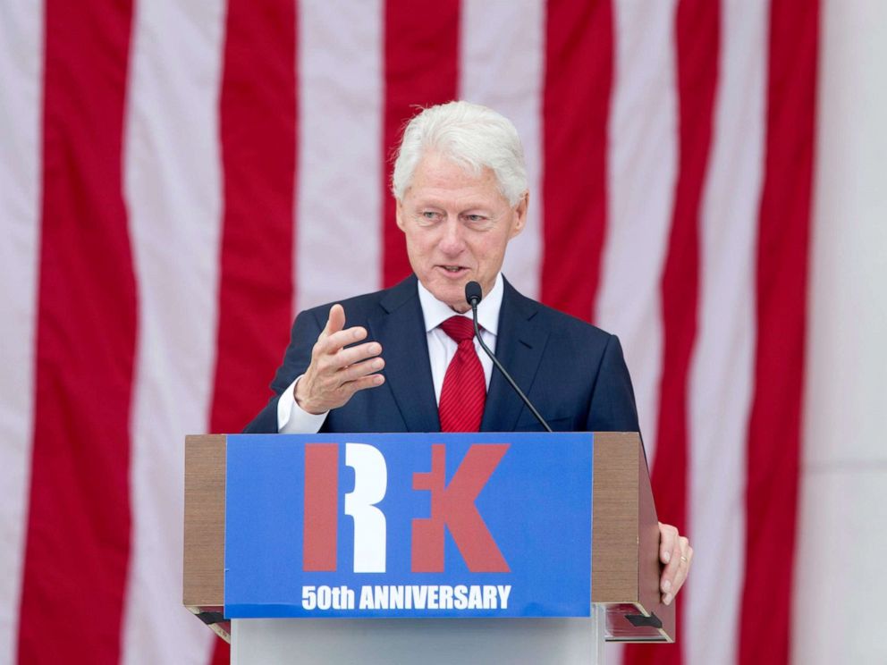 PHOTO: Former President Bill Clinton speaks during the Robert F. Kennedy memorial service at Arlington National Cemetery in Arlington, Virginia, June 6, 2018.