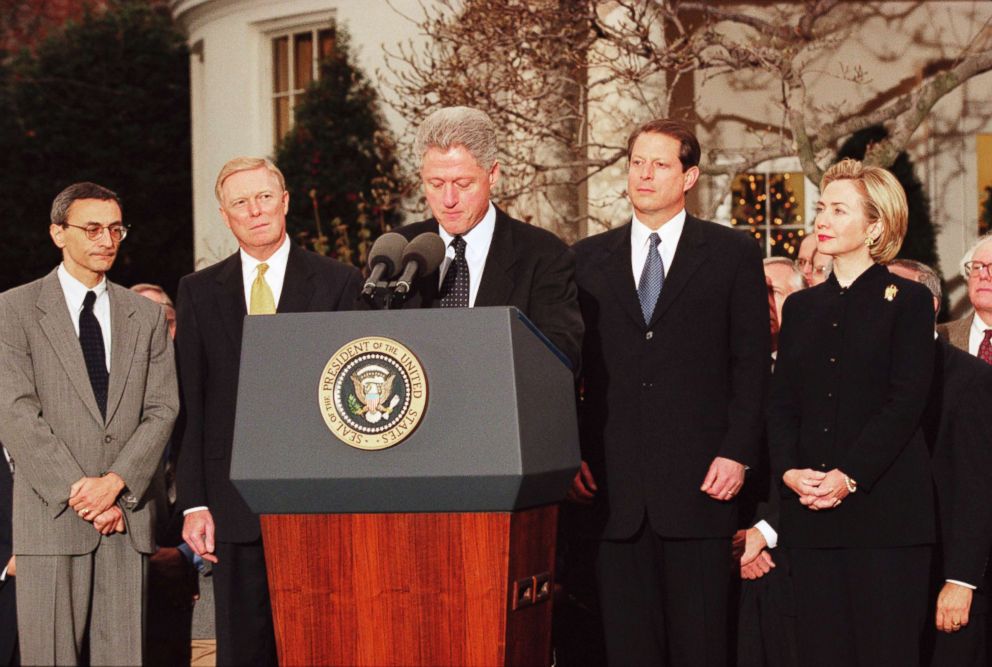 PHOTO: President Bill Clinton reacts to being impeached by the House of Representatives outside of the oval office in the White House Rose Garden, Washington, DC, Dec. 19, 1998.