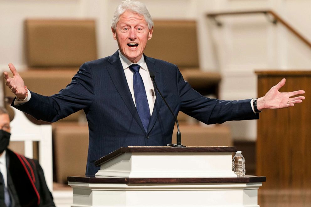 PHOTO: In this Jan. 27, 2021, file photo, former President Bill Clinton speaks during funeral services for Henry "Hank" Aaron, at Friendship Baptist Church in Atlanta.