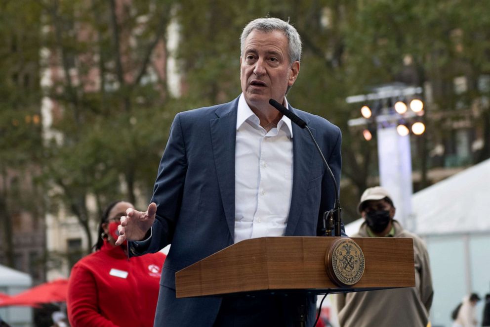 PHOTO: Mayor Bill de Blasio speaks at the opening of the Bank of America 'Winter Village' at Bryant Park, Nov. 5, 2020, in New York City.