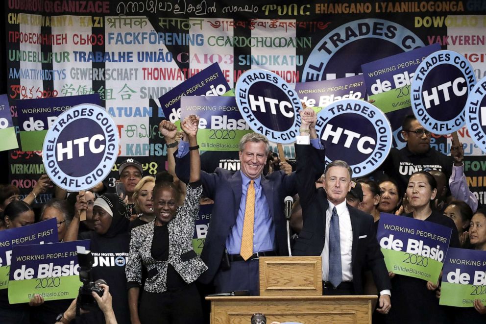 PHOTO: New York City Mayor Bill de Blasio takes the stage at the New York Hotel and Motel Trades Council (HTC) headquarters in Midtown Manhattan, June 5, 2019, in New York City.