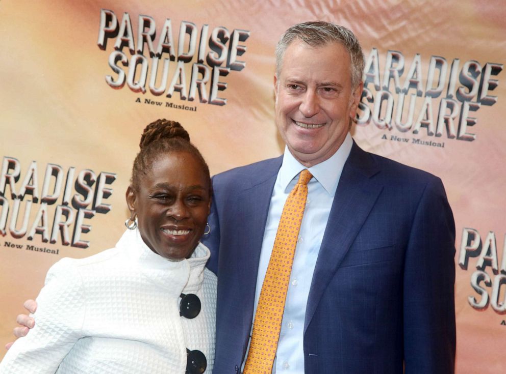 PHOTO: In this April 3, 2022, file photo, Chirlane McCray and Bill de Blasio pose at the opening night of the new musical "Paradise Square" on Broadway at The Barrymore Theater in New York.