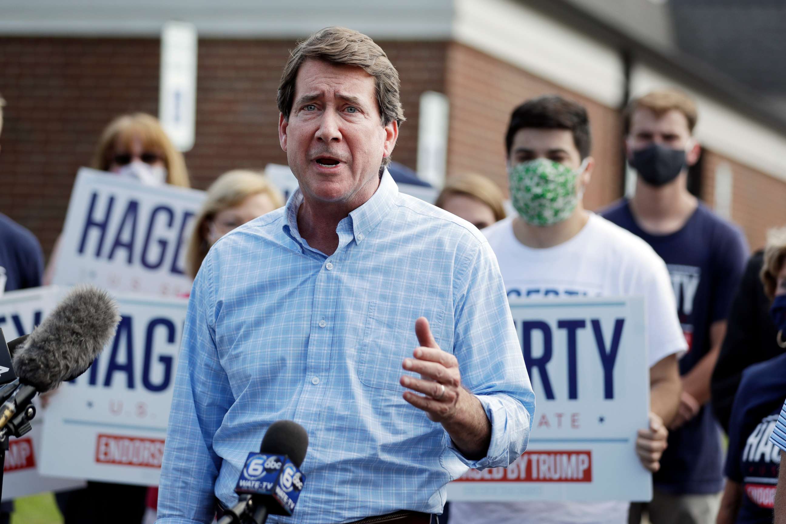 PHOTO: Former U.S. Ambassador to Japan Bill Hagerty speaks at a polling place Thursday, Aug. 6, 2020, in Brentwood, Tenn.