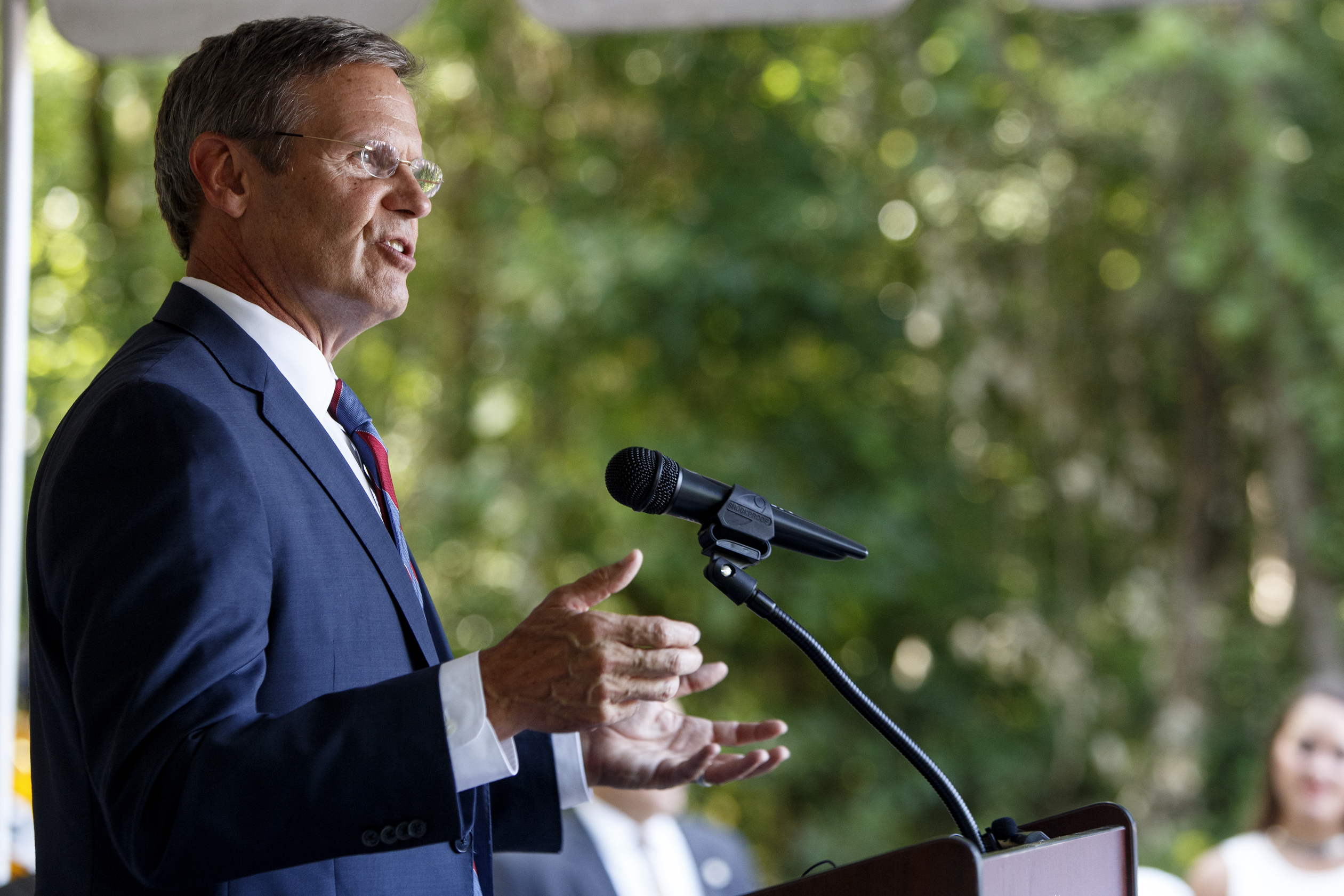 PHOTO: Tennessee Gov. Bill Lee speaks during a groundbreaking ceremony for the new Chattanooga Red Wolves Soccer Club stadium on Tuesday, July 9, 2019 in East Ridge, Tenn. 
