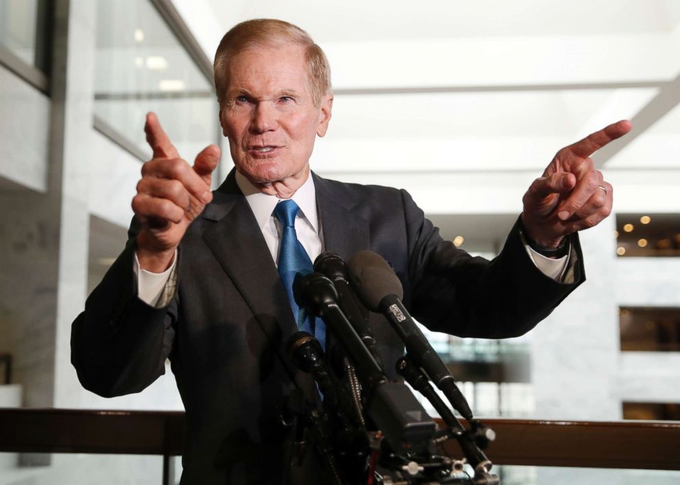 PHOTO: Sen. Bill Nelson, D-Fla., the ranking member of the Senate Commerce Committee, speaks after a meeting with Facebook CEO Mark Zuckerberg on Capitol Hill, April 9, 2018.