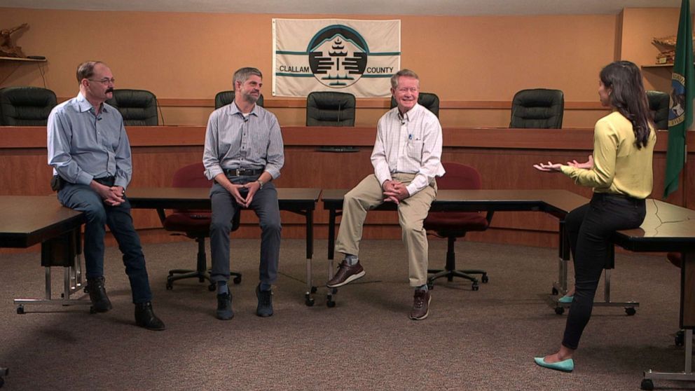 PHOTO: Clallam County, Washington commissioners, Bill Peach, Mark Ozias and Randy Johnson speak with ABC News' Zohreen Shah about this year's election.