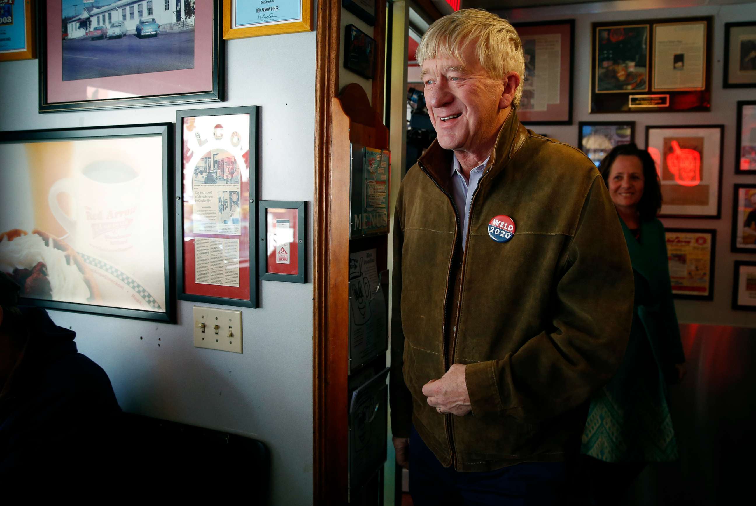 PHOTO: Former Massachusetts Governor William Weld arrives at a campaign stop at the Red Arrow Diner in Manchester, NH, April 16, 2019.