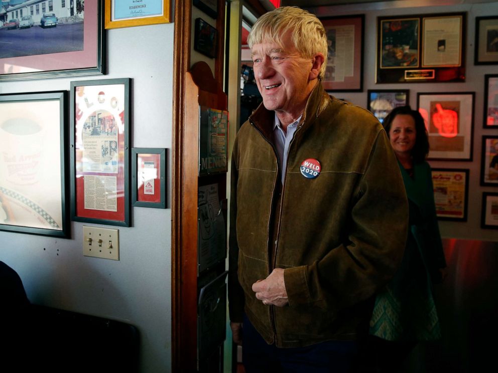 PHOTO: Former Massachusetts Governor William Weld arrives at a campaign stop at the Red Arrow Diner in Manchester, NH, April 16, 2019.