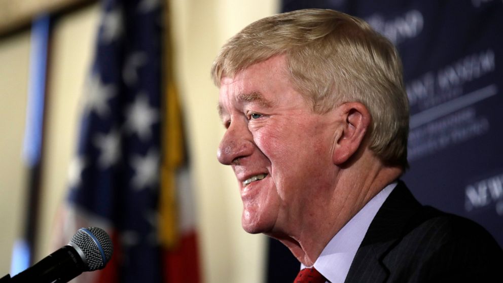 PHOTO: In this Friday, Feb. 15, 2019, file photo, former Massachusetts Gov. William Weld speaks during a New England Council "Politics & Eggs" breakfast in Bedford, N.H.