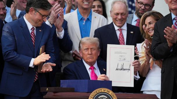 President Donald Trump presents a sweeping spending and tax legislation, known as the "One Big Beautiful Bill Act," after h signed it, at the White House in Washington, D.C., July 4, 2025. 