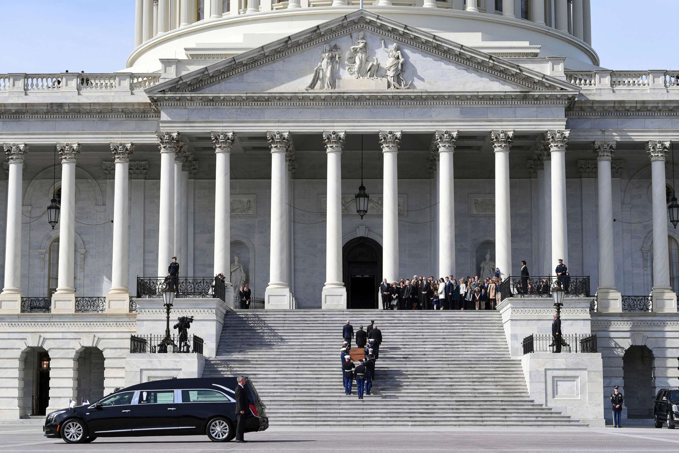 PHOTO: The casket of Rev. Billy Graham is carried up the steps of the U.S. Capitol in Washington, D.C., Feb. 28, 2018, where it will lie in honor.