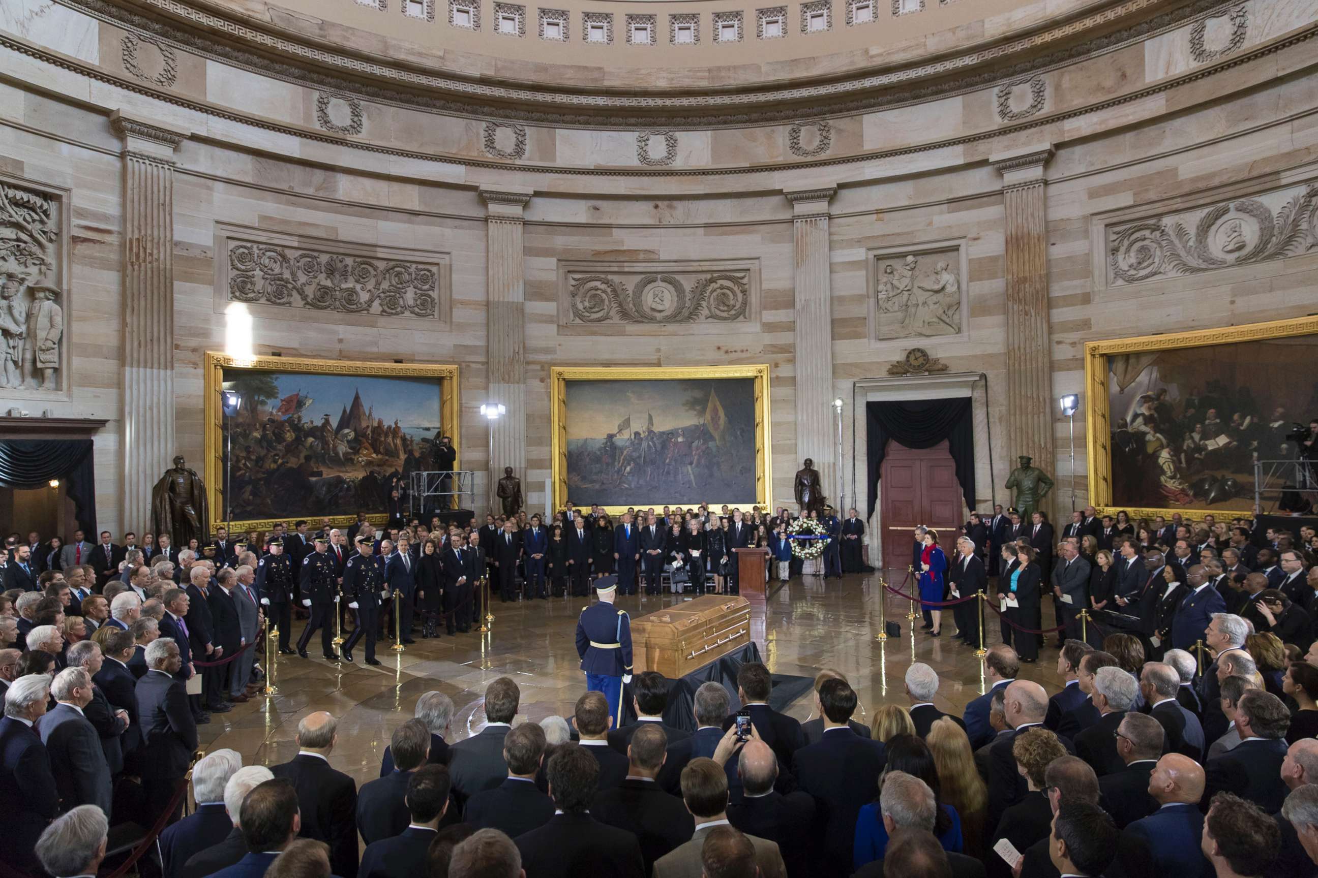 PHOTO: The body of Rev. Billy Graham lies in the Capitol Rotunda as President Donald Trump, officials and dignitaries pay tribute to America's most famous evangelist, Feb. 28, 2018, in Washington, D.C.