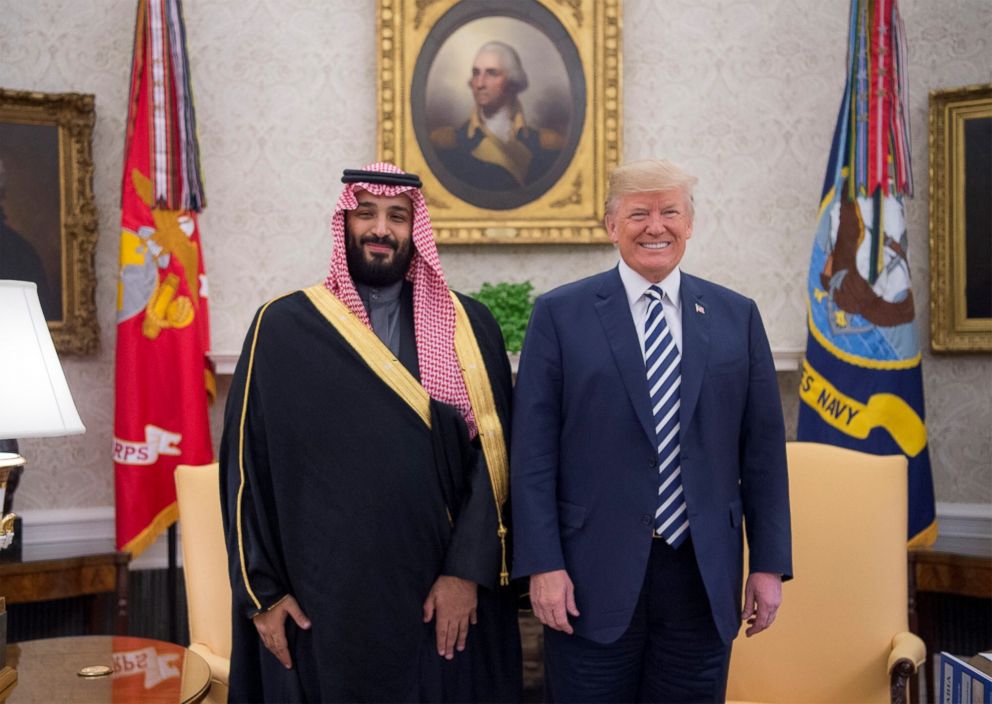 PHOTO: President Donald Trump poses for a photo with Crown Prince Mohammed bin Salman Al Saud of Saudi Arabia in the Oval Office at the White House on March 20, 2018 in Washington.