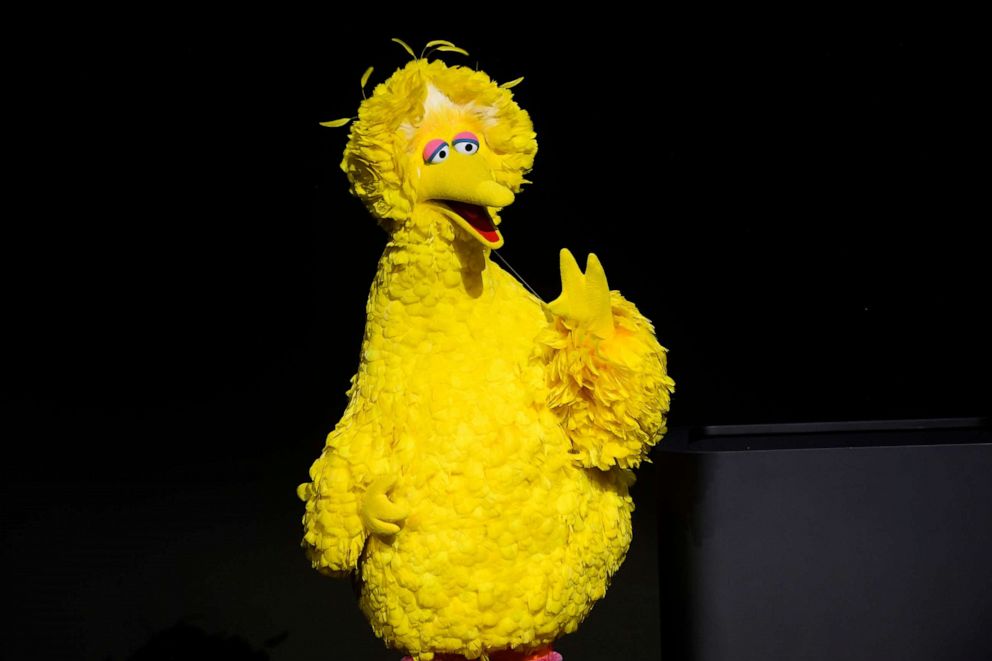 PHOTO: An actor dressed as Sesame Street character "Big Bird" speaks during an Apple Inc. event at the Steve Jobs Theater in Cupertino, Calif., March 25, 2019.