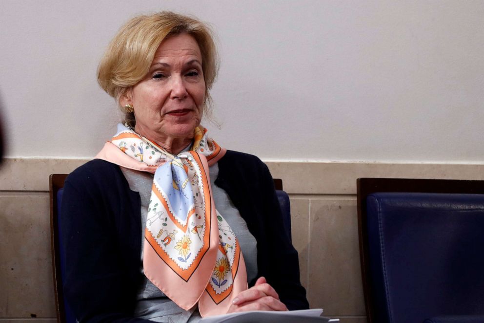 PHOTO: Dr. Deborah Birx, White House coronavirus response coordinator, listens as President Donald Trump speaks about the coronavirus in the James Brady Press Briefing Room of the White House, April 23, 2020, in Washington.