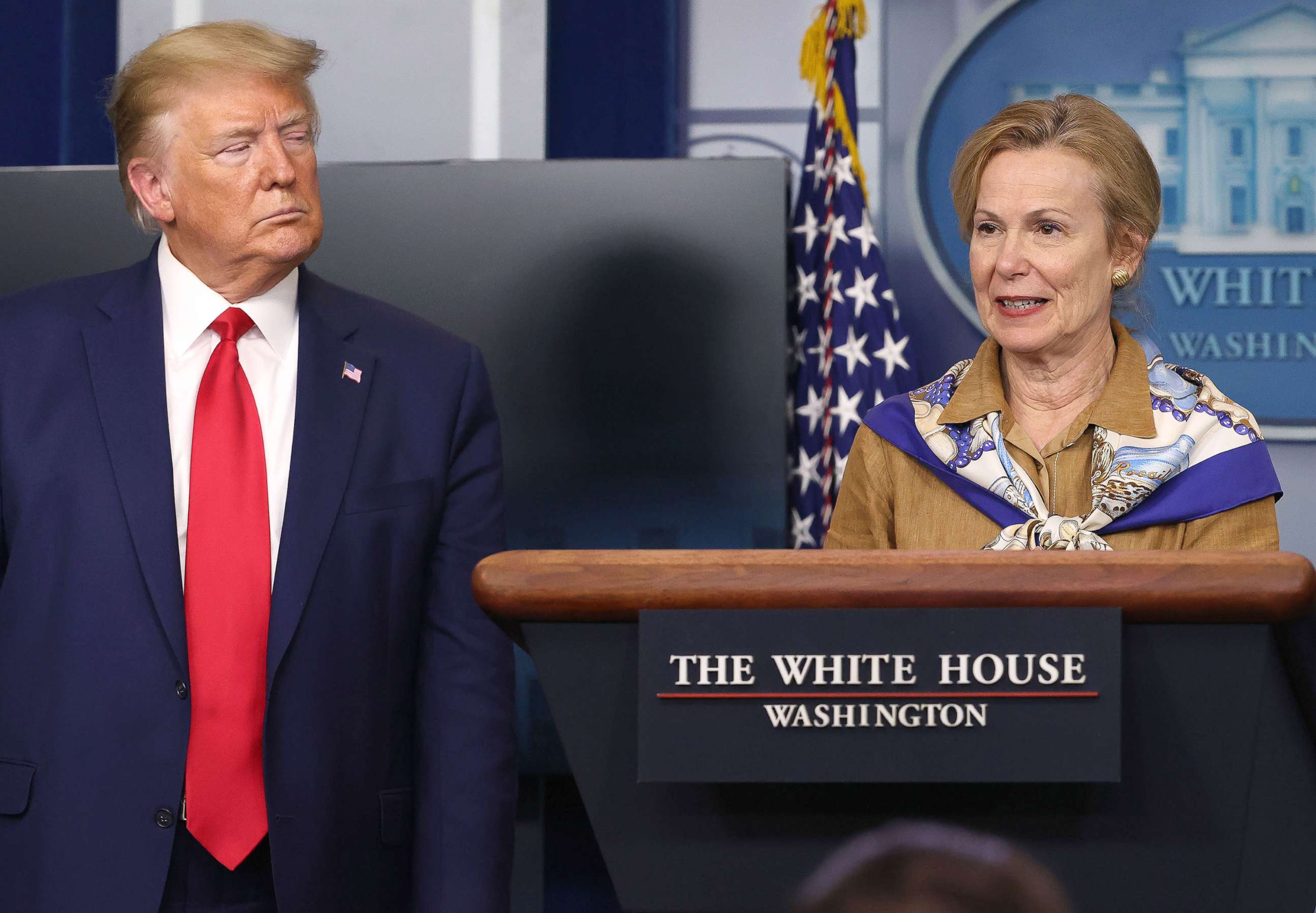 PHOTO: White House coronavirus response coordinator Deborah Birx speaks while flanked by President Donald Trump following a meeting of his coronavirus task force in the Brady Press Briefing Room at the White House, April 6, 2020.