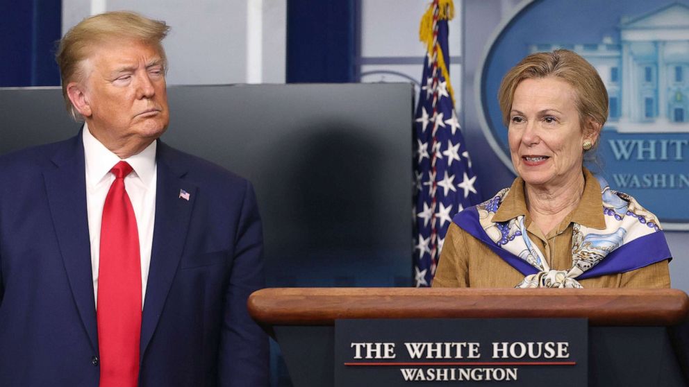 PHOTO: White House coronavirus response coordinator Deborah Birx speaks while flanked by President Donald Trump following a meeting of his coronavirus task force in the Brady Press Briefing Room at the White House, April 6, 2020.
