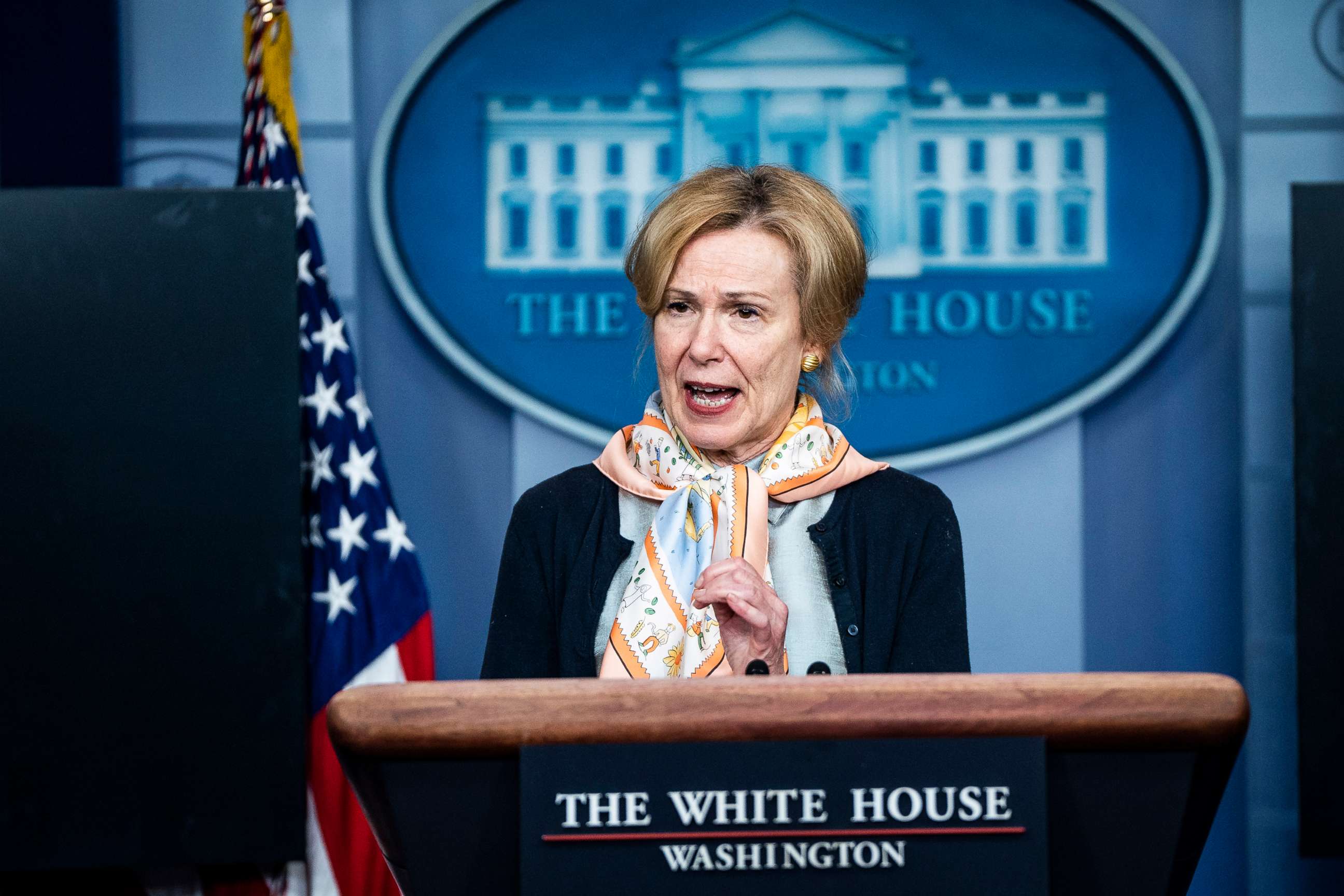 PHOTO: Dr. Deborah Birx, White House coronavirus response coordinator, speaks with President Donald Trump and members of the coronavirus task force during a briefing in the James S. Brady Press Briefing Room at the White House, April 23, 2020.