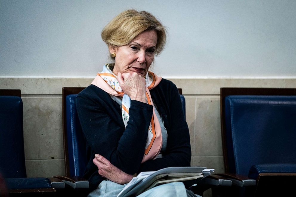 PHOTO: Dr. Deborah Birx, White House coronavirus response coordinator, listens as President Donald Trump speaks with members of the coronavirus task force during a briefing in the James S. Brady Press Briefing Room at the White House, April 23, 2020.