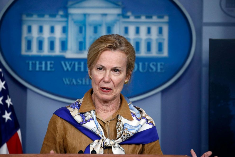 PHOTO: Dr. Deborah Birx, White House coronavirus response coordinator, speaks about the coronavirus in the James Brady Press Briefing Room at the White House, April 6, 2020.