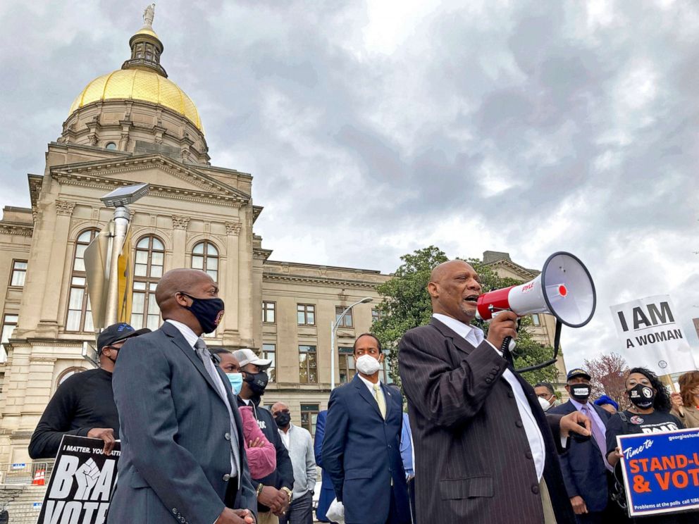 PHOTO: African Methodist Episcopal Church Bishop Reginald T. Jackson announces a boycott of Coca-Cola Co. products outside the Georgia Capitol in Atlanta, March 25, 2021.