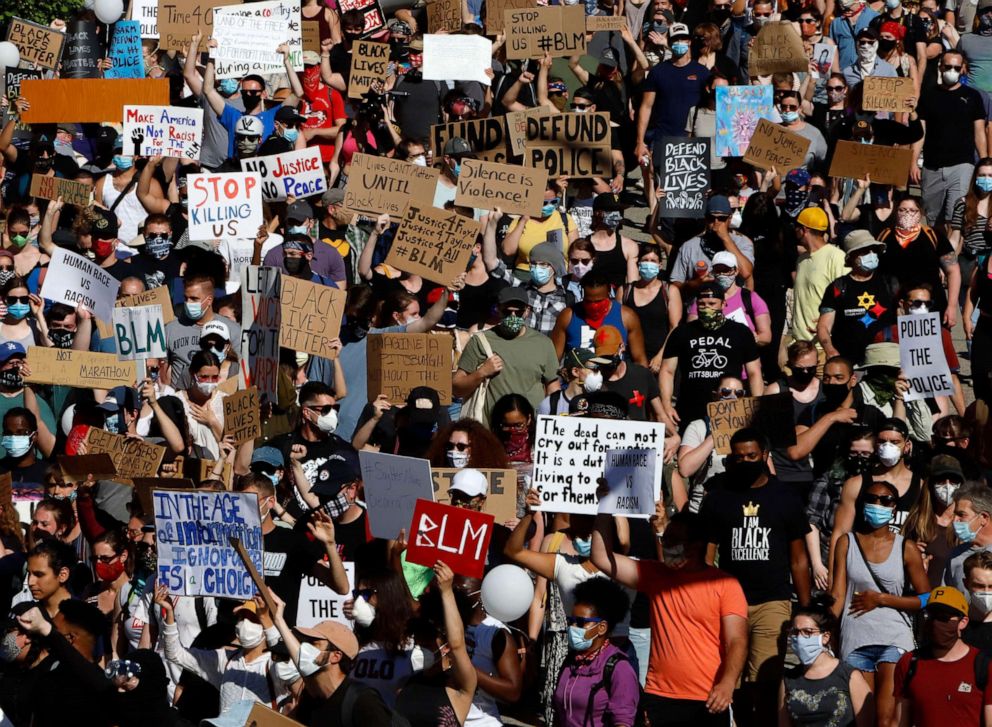 PHOTO: In this June 7, 2020, file photo, protesters participating in a Black Lives Matter rally march in Pittsburgh Pittsburgh to protest the death of George Floyd.