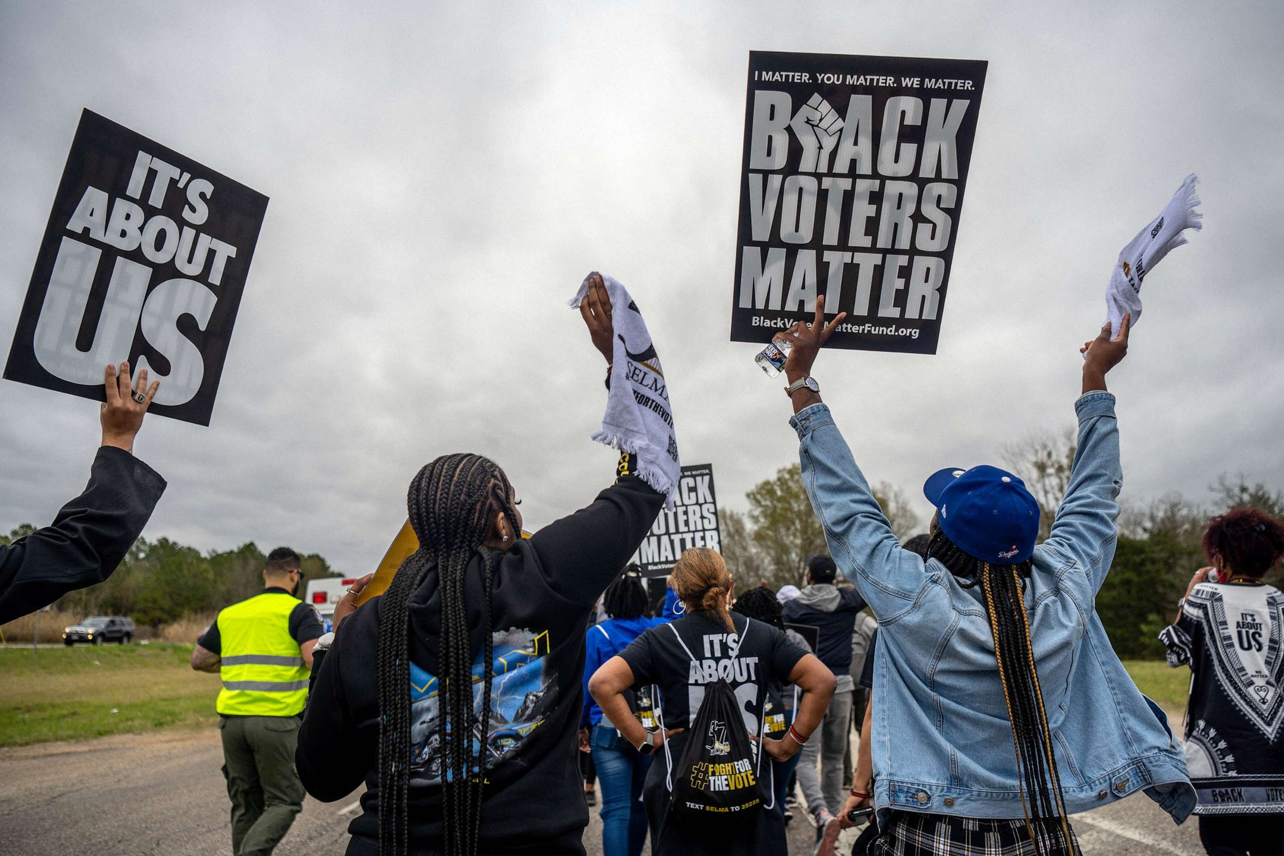 PHOTO:Marchers lead chants during the Black Voters Matter's 57th Selma to Montgomery march on March 9, 2022 in Selma, Alabama.