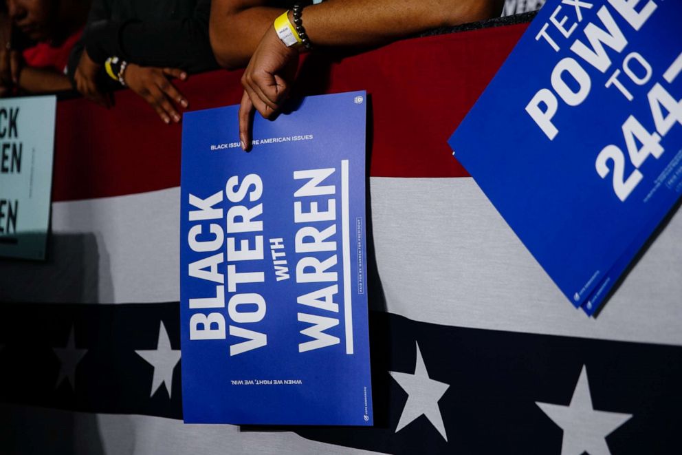 PHOTO: An attendee holds a sign while waiting to see Sen. Elizabeth Warren, D-Mass., at a campaign event at Clark Atlanta University on Nov. 21, 2019, in Atlanta.