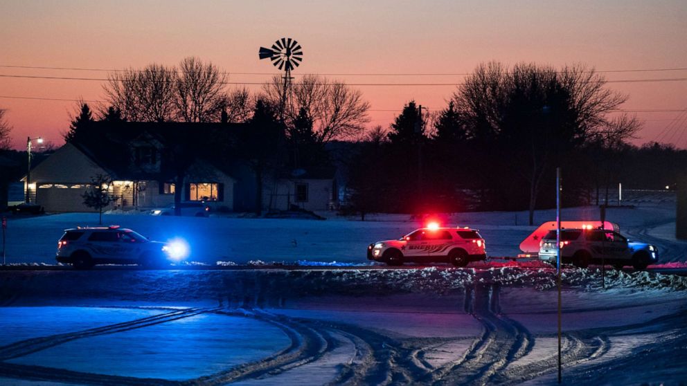 PHOTO: Police block off a road leading to the scene of a Blackhawk helicopter that crashed in the woods neat Marty, Minn., Dec. 5, 2019. 