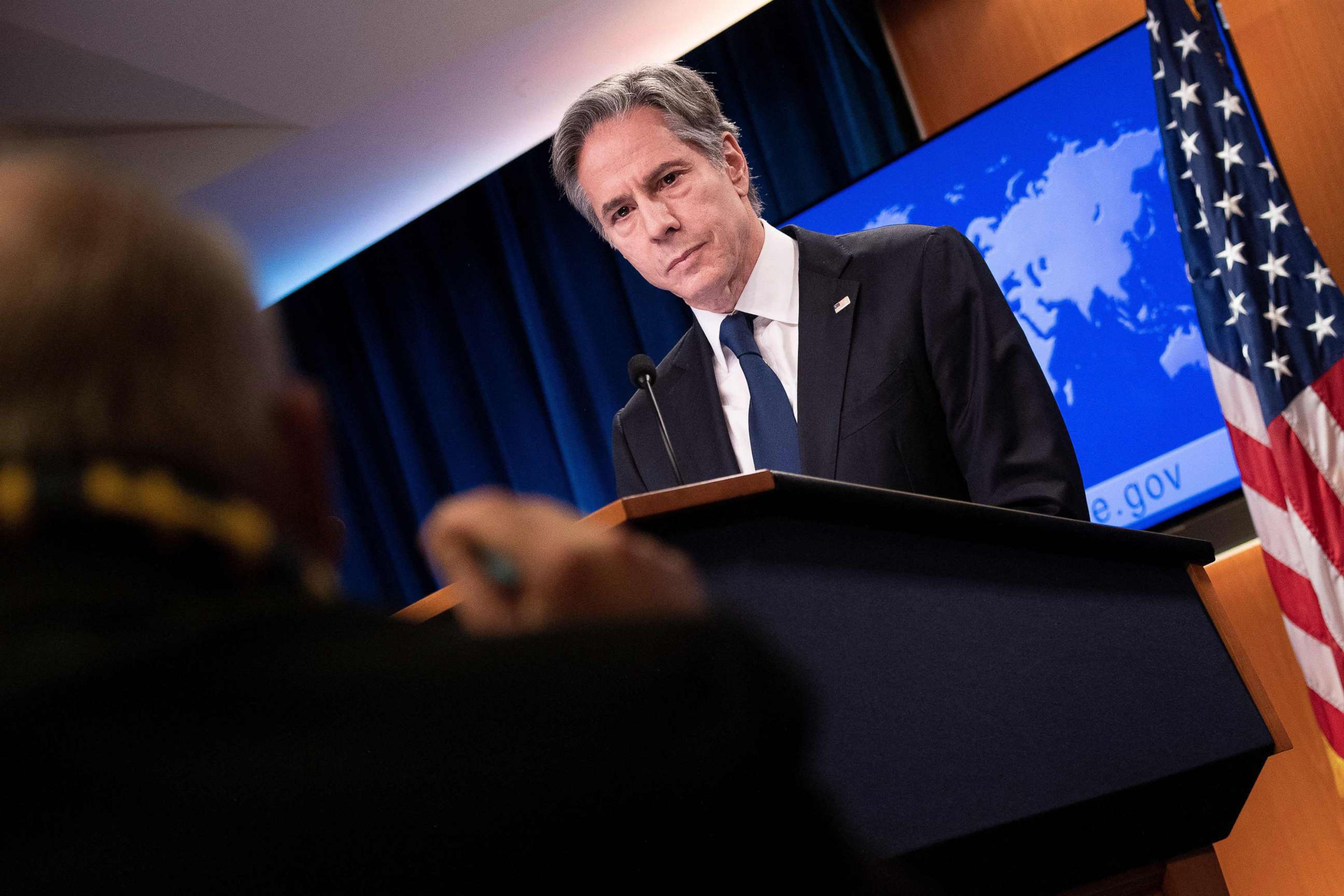 PHOTO: Secretary of State Antony Blinken speaks about Russia and Ukraine during a briefing at the State Department in Washington, D.C., Jan. 26, 2022. 