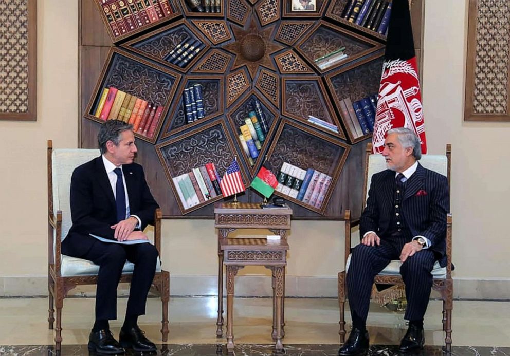 PHOTO: U.S. Secretary of State Antony Blinken, meets with Chairman of the High Council for National Reconciliation Abdullah Abdullah, April 15, 2021, in Kabul, Afghanistan April 15, 2021.