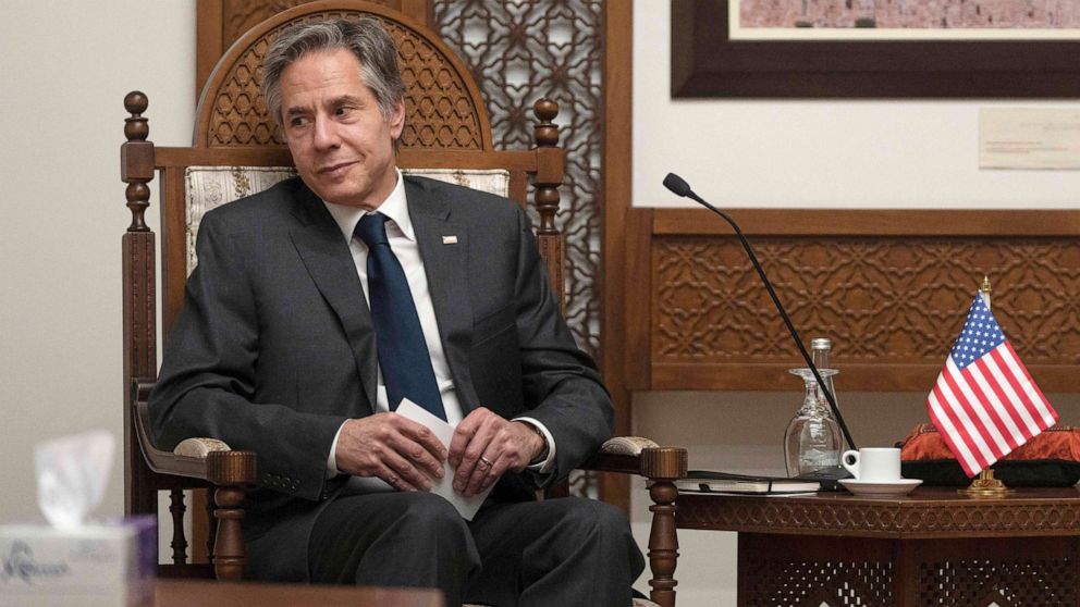 PHOTO: Secretary of State Antony Blinken attends a meeting in the West Bank city of Ramallah, March 27, 2022.
