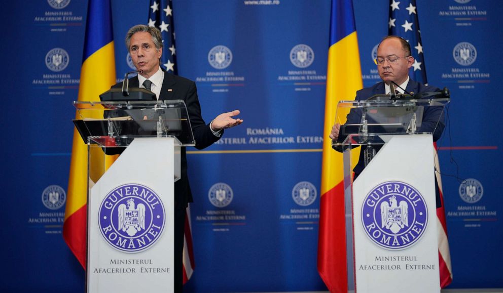 PHOTO: Secretary of State Antony Blinken, left, holds a press conference with Romania's Foreign Minister Bogdan Aurescu in Bucharest, Romania, Nov. 29, 2022, during a meeting of NATO Ministers of Foreign Affairs in the Romanian capital.