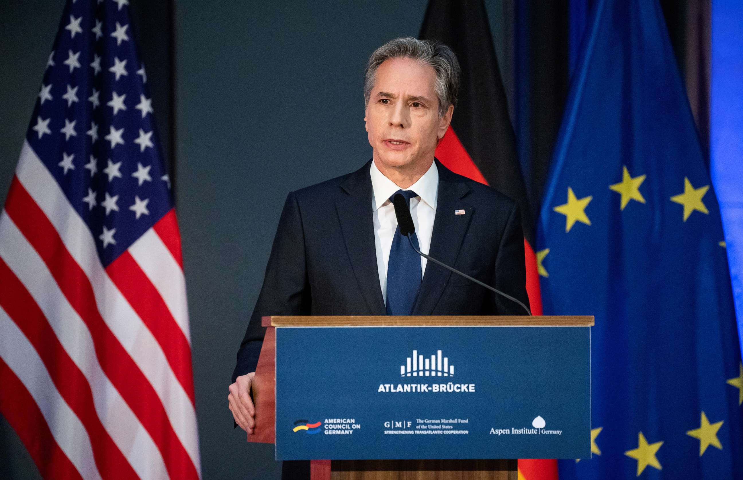 PHOTO: U.S. Secretary of State Antony Blinken speaks at a joint meeting of the Marshall Fund, the American Council on Germany, the Atlantic Bridge and the Aspen Institute following his talks on the Ukraine crisis in Berlin, Jan. 20, 2022.