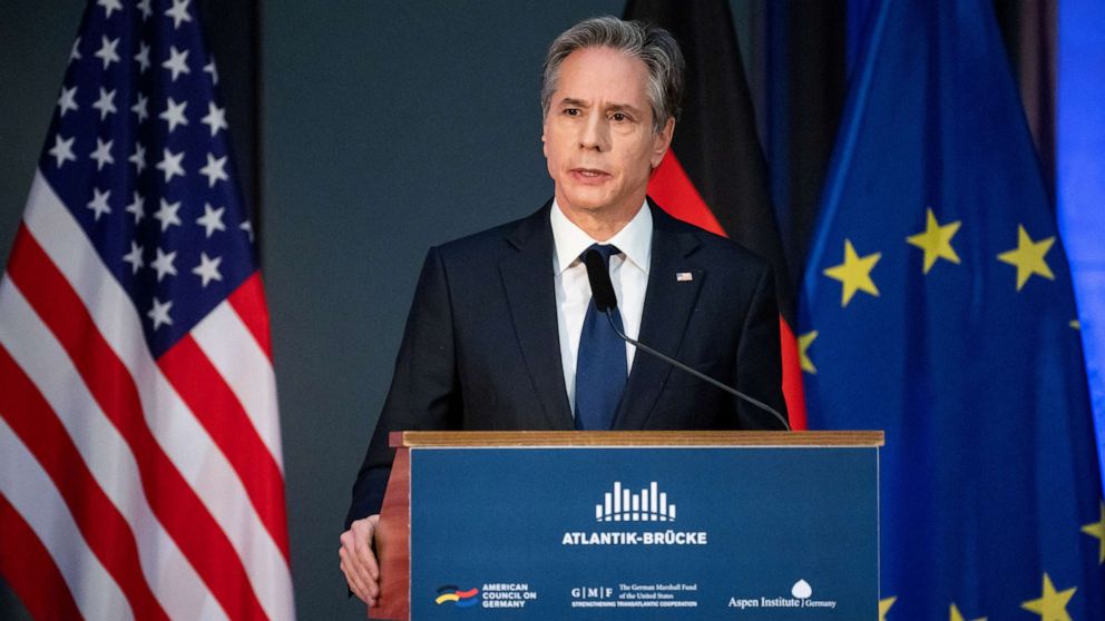 PHOTO: U.S. Secretary of State Antony Blinken speaks at a joint meeting of the Marshall Fund, the American Council on Germany, the Atlantic Bridge and the Aspen Institute following his talks on the Ukraine crisis in Berlin, Jan. 20, 2022.