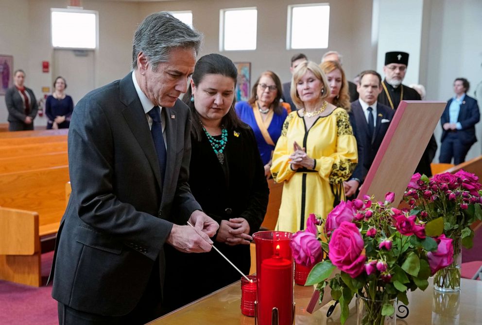 PHOTO: Secretary of State Antony Blinken lights a candle during a visit to Ukrainian Catholic National Shrine of the Holy Family to show support for the Ukrainian people amid the ongoing Russian invasion, in Washington, D.C., March 2, 2022.