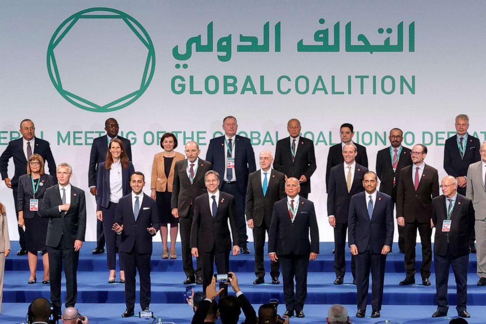 PHOTO: U.S. Secretary of State Antony Blinken, front row, center left, poses for a group photo at the Ministerial meeting of the global coalition on Syria and Islamic state, in Rome, June 28, 2021. 