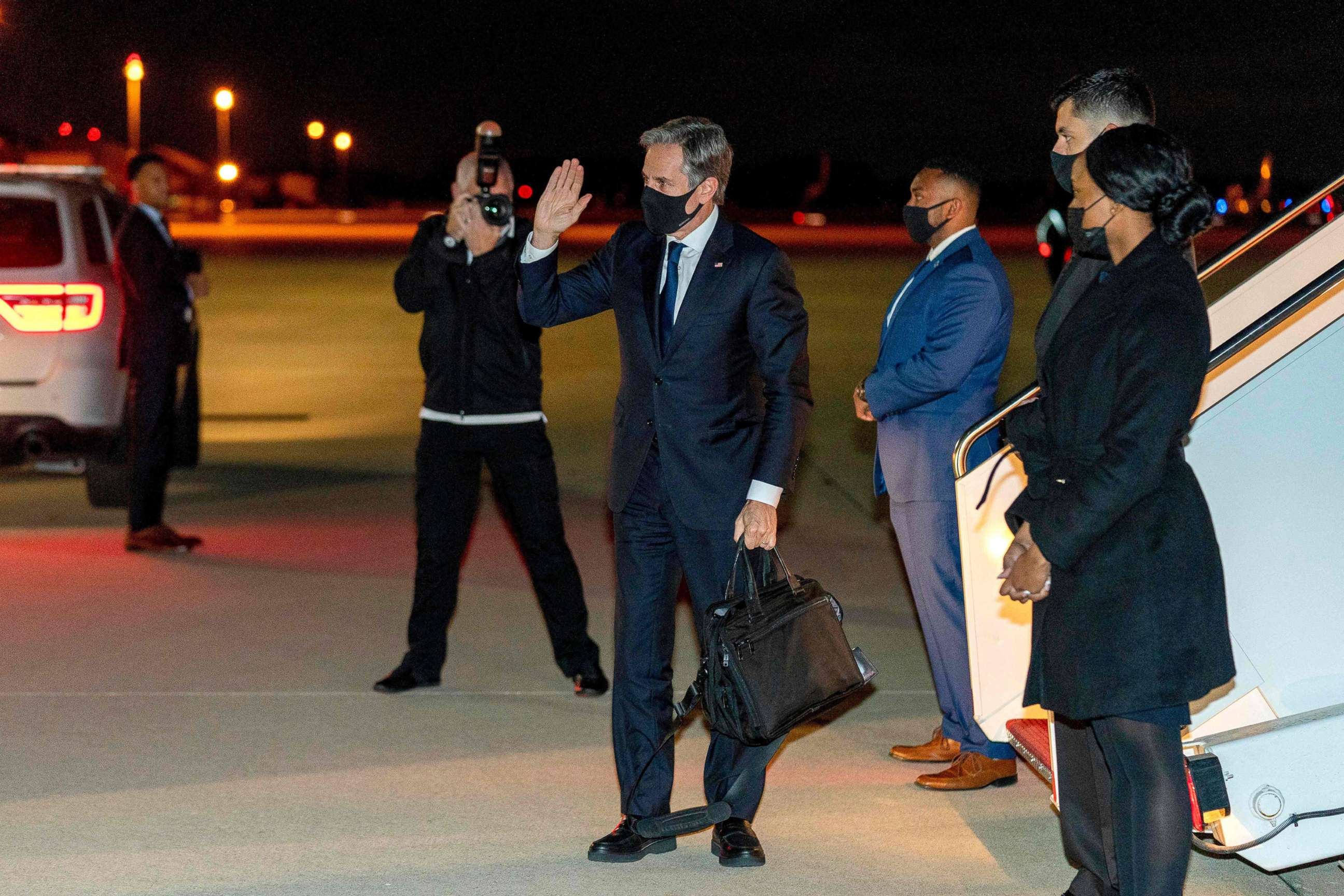 PHOTO: Secretary of State Antony Blinken boards his plane at Andrews Air Force Base, Md., Nov. 16, 2021. Blinken begins a five day trip to Kenya, Nigeria, and Senegal.