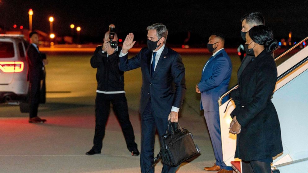 PHOTO: Secretary of State Antony Blinken boards his plane at Andrews Air Force Base, Md., Nov. 16, 2021. Blinken begins a five day trip to Kenya, Nigeria, and Senegal.