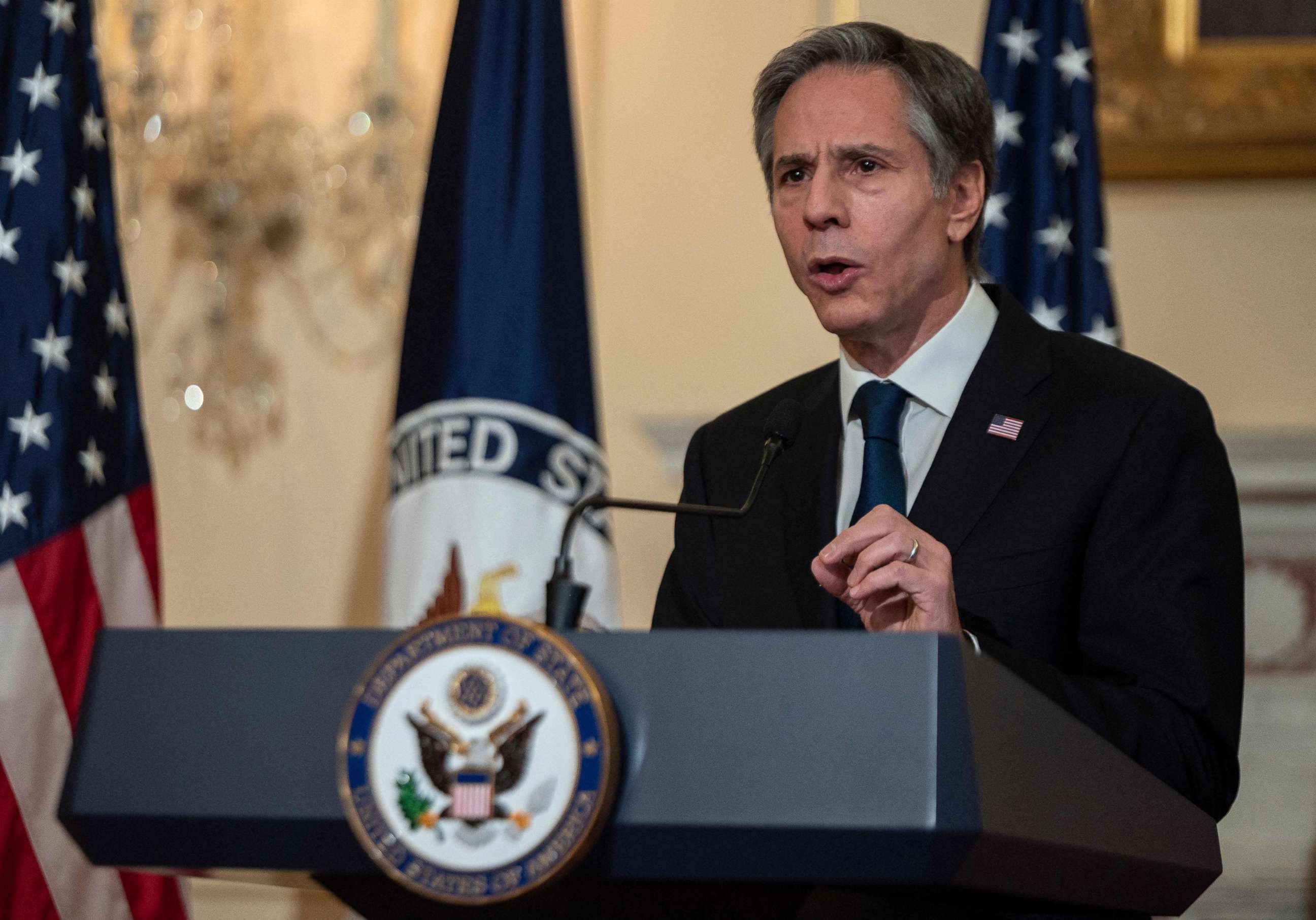 PHOTO: Secretary of State Antony Blinken delivers remarks about priorities for administration of President Joe Biden at the State Department in Washington, D.C., March 3, 2021.