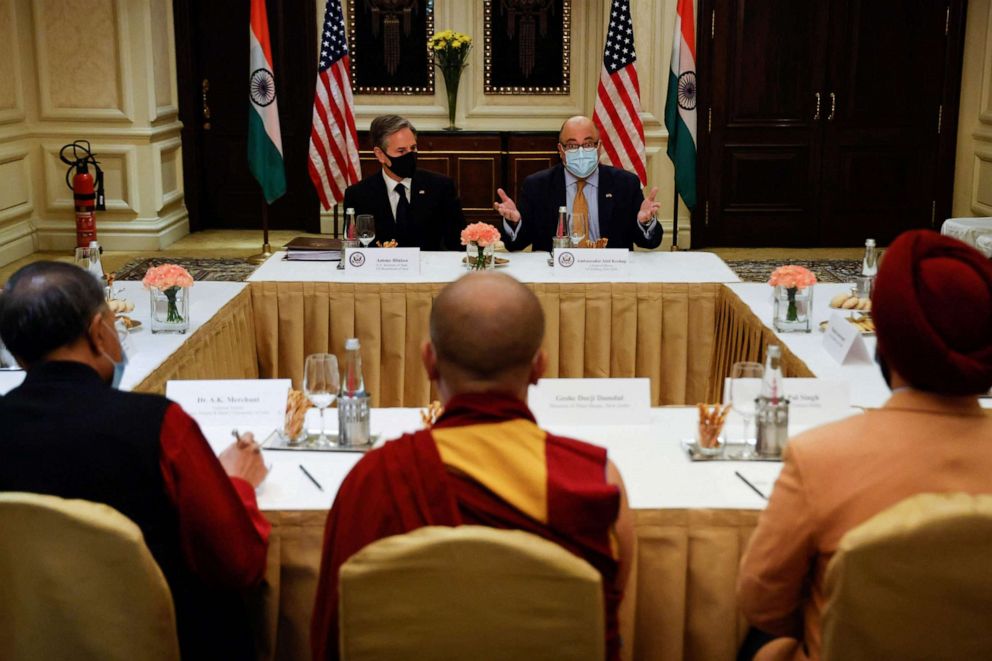 U.S. Secretary of State Antony Blinken and U.S. Ambassador to India Atul Keshap, deliver remarks to civil society organization representatives in a meeting room at the Leela Palace Hotel in New Delhi on July 28, 2021. 
